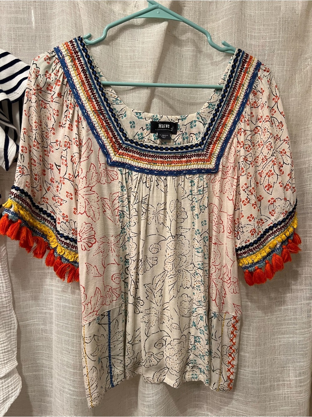 Anthropologie Cream Peasant Blouse with Red & Blue Accents